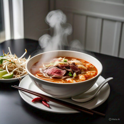 337. Thai Style Rare Beef and Shrimp Rice Noodle Soup (Spicy)